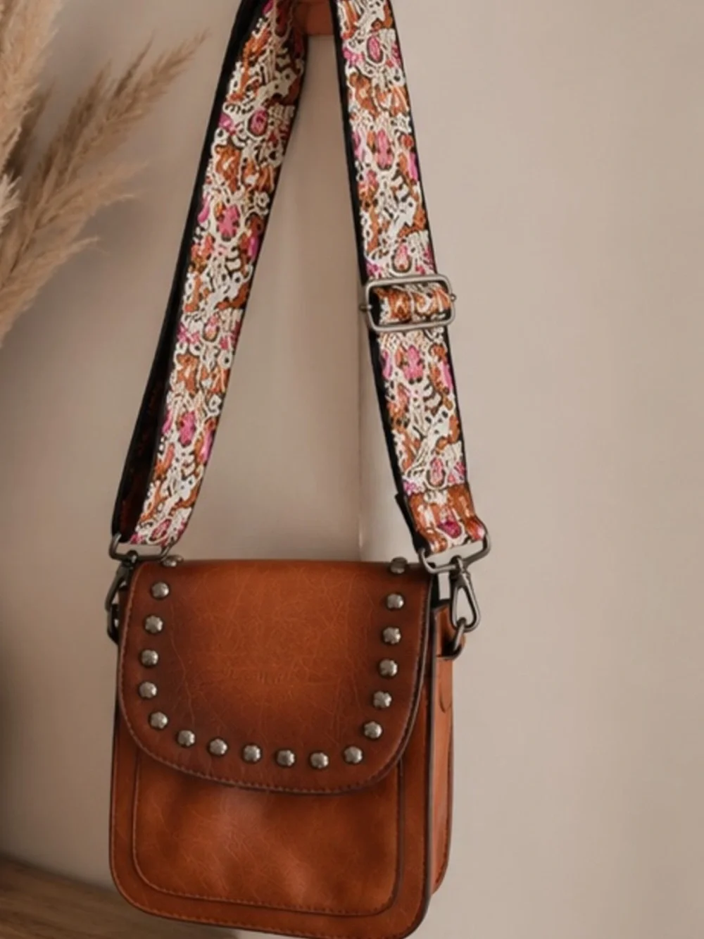 Boho Studded Crossbody Bag with Patterned Strap